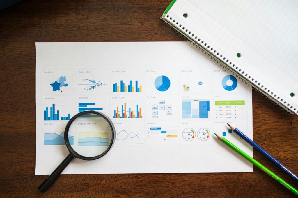 pexels-photo-7947663-7947663-1 Overhead view of charts and graphs with magnifying glass and stationery on wooden table.